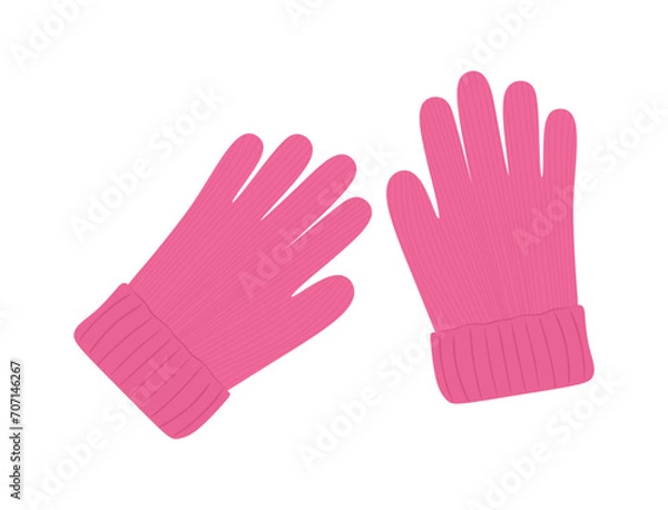 Fototapeta Winter pink gloves. Bright children's knitted winter glove in flat style isolated on white background. Cute woolen or knitted glove for cold frosty weather. Winter warm accessory. Vector illustration
