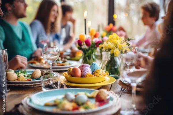 Fototapeta Happy multi generational family having Easter dinner together, table setting with traditional food and spring flowers for Easter celebration