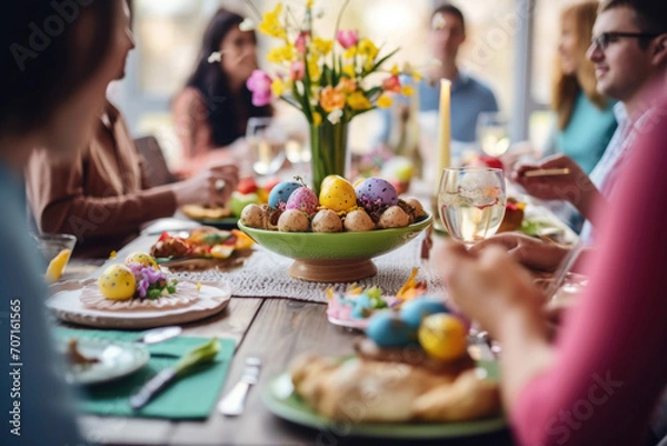 Fototapeta Happy multi generational family having Easter dinner together, table setting with traditional food and spring flowers for Easter celebration