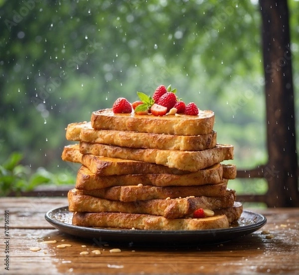 Fototapeta French toast with strawberry and honey on a wooden table in the rain