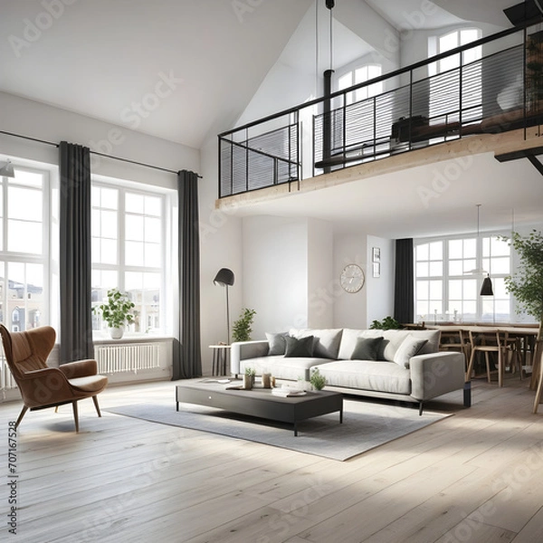 Fototapeta New modern scandinavian loft apartment. 3d rendering.