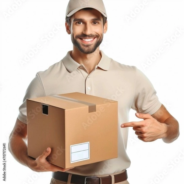 Fototapeta Homem bonito, segurando a caixa de entrega, entregador com encomenda em uma caixa de papelão. Segurando a caixa marrom isolada no fundo branco.