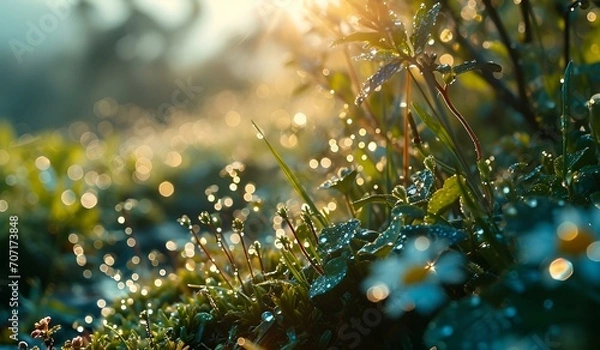 Fototapeta Sunlight filtering through dew-covered leaves and grass