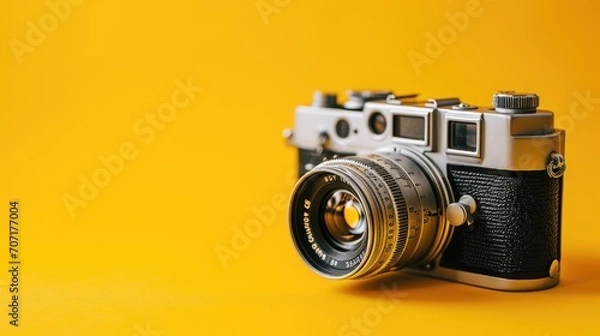 Fototapeta Retro camera on a yellow background, copy space.