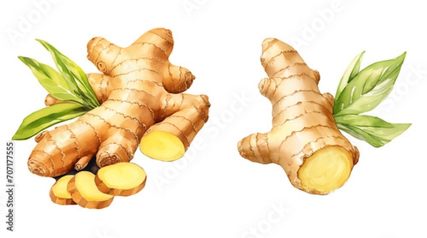 Fototapeta Set of ginger roots watercolor illustration png isolated on a transparent background, healthy spices clipart 