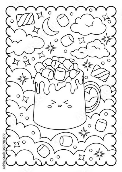 Fototapeta A cup of cocoa with marshmallows. Sweets, dessert. Cute coloring page for kids and adults, black and white vector illustration.
