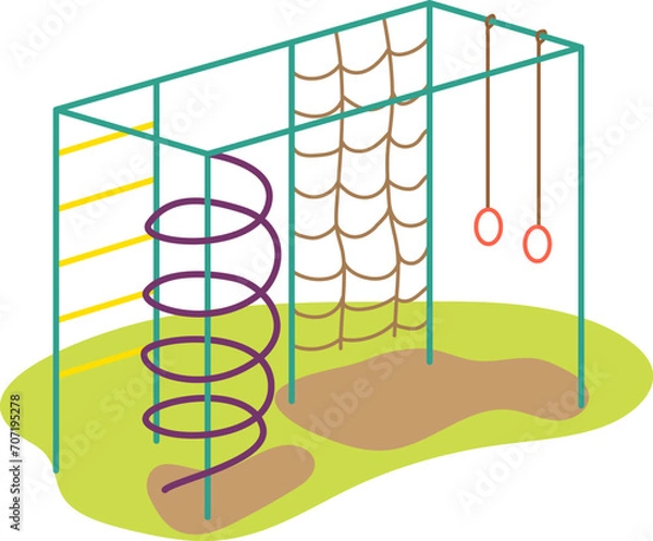 Obraz Colorful playground equipment with swings, ladder, and spiral. Flat style kids outdoor play area vector illustration.