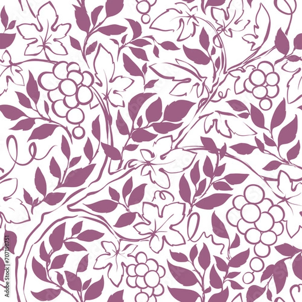 Fototapeta Summer pattern with grape vine and rosehip branches. Botanical background, vector illustration, seamless print, line sketch, freehand drawing.