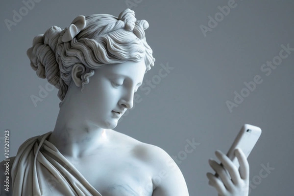 Fototapeta Ancient Greek goddess sculpture holding a smartphone. Female marble statue scrolling social media. Doomscrolling, mental health, digital wellness, time loss concept. Bad habits, reading news.