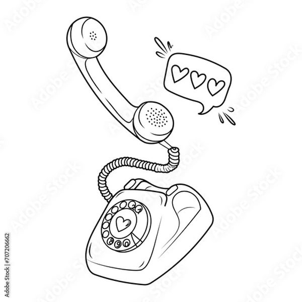 Fototapeta Hand drawn vector illustration of retro telephone and hearts. Romantic doodle sketch for valentine's day. 