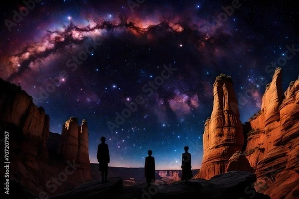 Fototapeta Bathed in the soft glow of a cosmic nebula, the silhouettes of majestic beings stand on the precipice of a crystalline canyon, their forms outlined against the radiant colors of the celestial display.