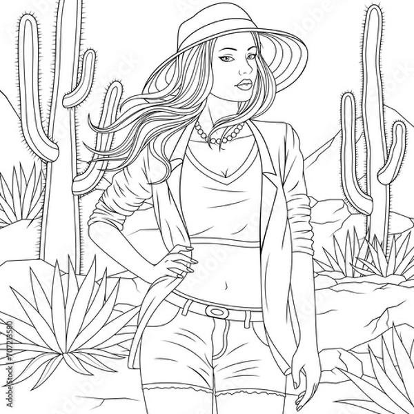 Fototapeta Vector illustration, fashionable girl in the desert posing in the desert