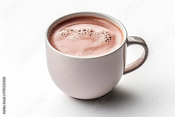 Obraz Hot chocolate cocoa drink in white ceramic cup isolated on white background. Top view.
