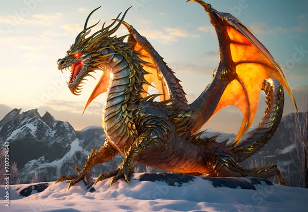 Fototapeta Silver gold dragon perched atop a snowy mountain with a breathtaking snow-covered mountain range in the background. Ideal for fantasy, mythology, and majestic landscape themes