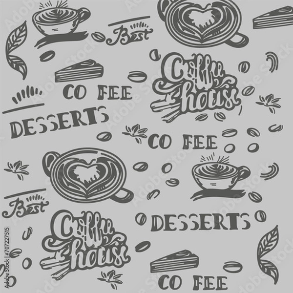 Fototapeta Hand-drawn set of coffee and inscriptions for the coffee shop menu