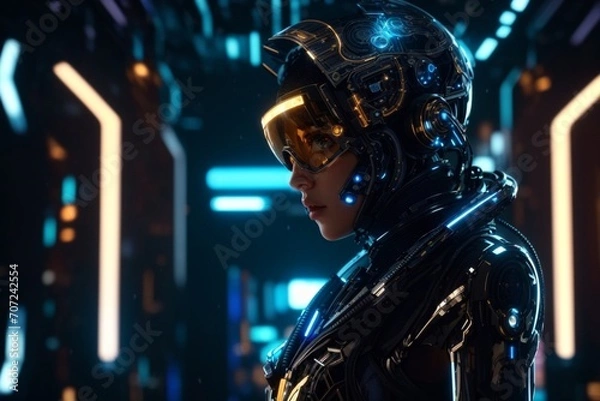 Fototapeta Cyberpunk hacker in a futuristic setting, surrounded by holographic interfaces, intricate code, and virtual reality elements Generative AI