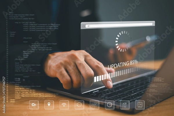 Obraz Update software application installing progress. Computer laptop hardware upgrade technology concept. Software update or operating system upgrade. Update progress bar code install on computer screen