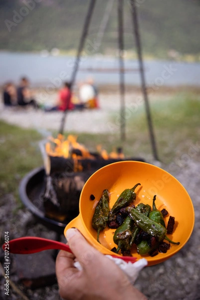 Obraz Campfire cooking of food in the nature while camping in summer