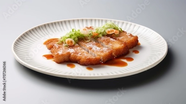 Fototapeta The cutlet is artistically sliced and elegantly presented on a rectangular ceramic plate with a distinct Japanese design, set against a clean white background.