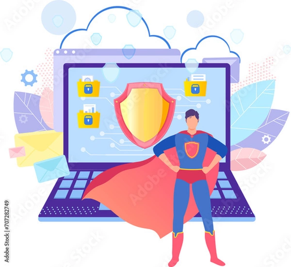 Fototapeta Concept superhero antivirus tiny character, digital technology personal laptop, protect information cartoon vector illustration, isolated on white. Private online data, modern problem society.