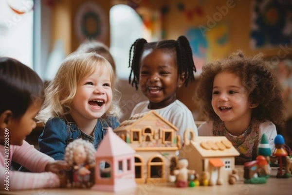Obraz Group of happy toddlers playing in kindergarten