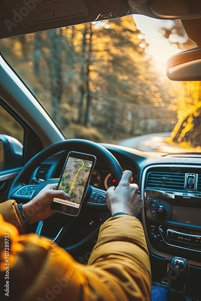 Fototapeta Man searching destination direction or address on gps or navigator application via mobile smartphone inside a car while driving car, close.