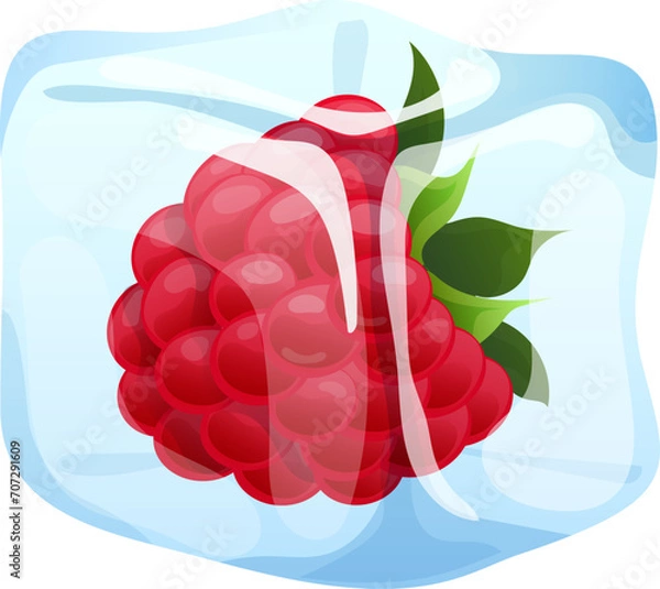 Obraz Raspberry frozen in transparent ice block, concept realistic delicious iced berry food icon cartoon vector illustration, isolated on white. Sweetness fresh fruit foodstuff, natural organic.