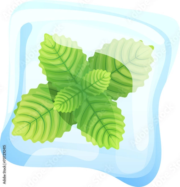 Fototapeta Mint leaf frozen in transparent ice block, concept realistic delicious iced sheet peppermint icon cartoon vector illustration, isolated on white. Natural organic foliage, grass herb.