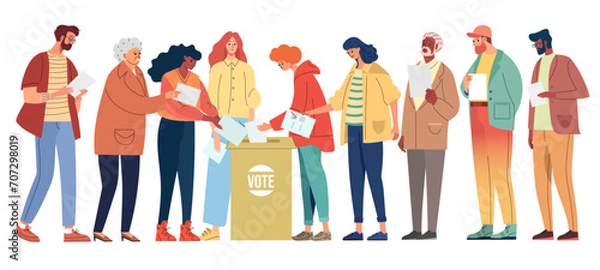 Fototapeta Diverse people different ages voters casting ballots at polling station during voting people putting paper ballot in box. Election, Democracy, Freedom of speech, justice voting and opinion. Referendum
