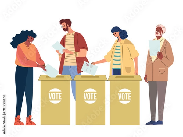 Fototapeta Diverse people different ages voters casting ballots at polling station during voting people putting paper ballot in box. Election, Democracy, Freedom of speech, justice voting and opinion. Referendum