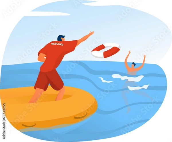 Fototapeta Lifeguard throwing lifebuoy to drowning person in sea. Rescue operation at beach. Emergency response and water safety vector illustration.