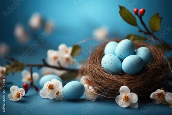 Obraz Easter background with Easter eggs in bird nest. Spring holiday