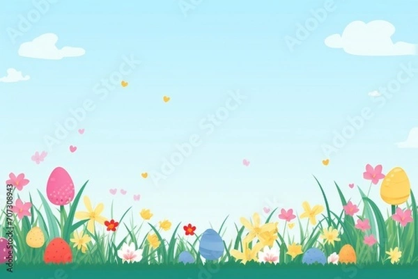 Fototapeta Flat cartoonish style easter banner with colorful eggs, grass and flowers, with empty copy space Generative AI