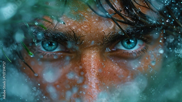 Obraz An atmospheric shot of a man with incredibly beautiful eyes, surrounded by mist and soft diffused light in a forest, evoking a sense of mystery and natural allure.