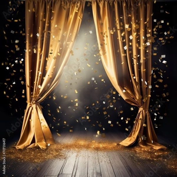 Fototapeta open curtains on festive stage with spotlight and golden confetti rain, award ceremony concept with copy space for winner, business success, new year´s eve - Generative AI