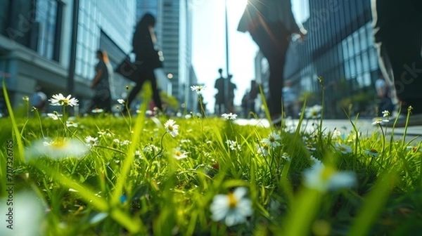 Obraz A lush urban green space flourishes with vibrant wildflowers, showcasing biodiversity amidst the concrete jungle of a bustling city center.