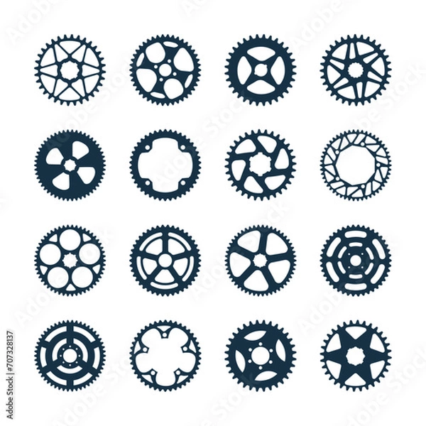 Obraz Set of bike sprockets icon in black silhouette. Gear mechanism elements collection. Vector illustration isolated on white background.