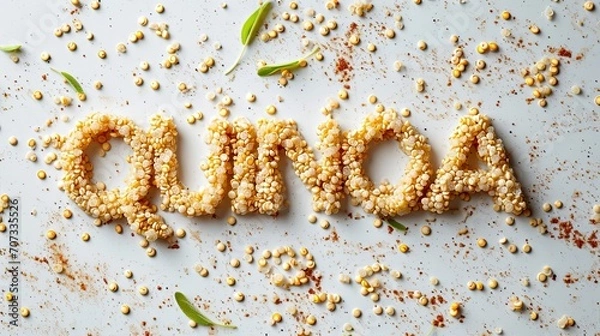 Fototapeta Isolated word "quinoa" made from quinoa on a white background, emphasizing the product's health benefits for a natural and organic market.