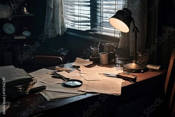 Fototapeta Vintage still life with old papers, magnifier, books and a lamp on the table. A cinematic shot capturing a detective's office with a single desk lamp illuminating scattered papers 