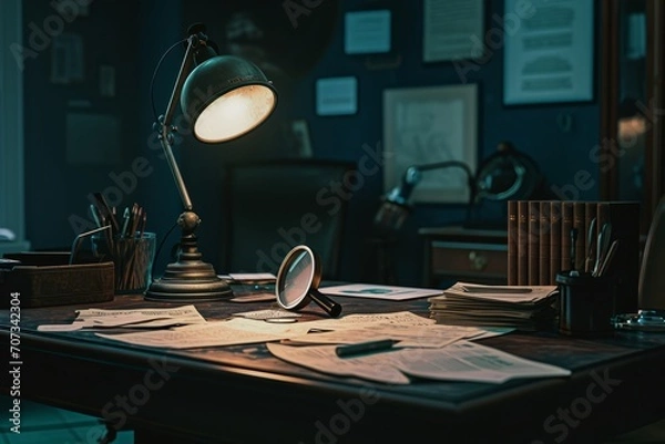 Fototapeta Vintage still life with old papers, magnifier, books and a lamp on the table. A cinematic shot capturing a detective's office with a single desk lamp illuminating scattered papers 