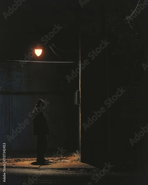 Fototapeta A man standing in a foggy street at night looking at a street lamp