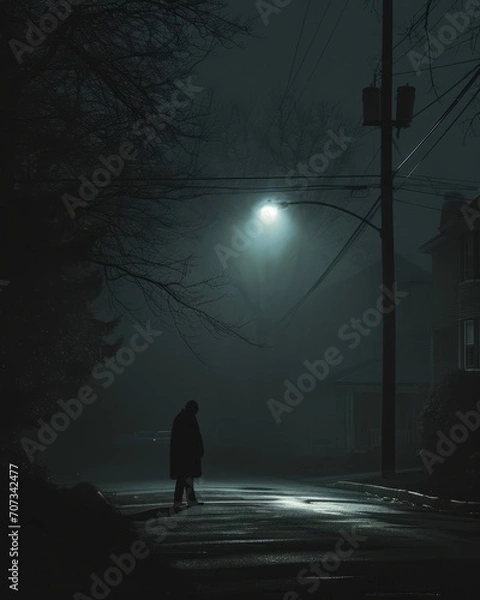 Fototapeta A man standing in a foggy street at night looking at a street lamp