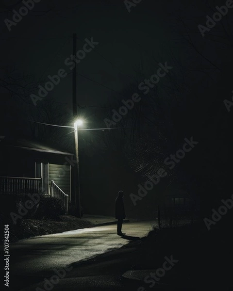 Fototapeta A man standing in a foggy street at night looking at a street lamp