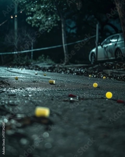 Fototapeta Car crash accident on the road with wet asphalt at night