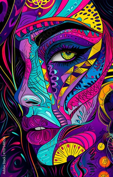 Fototapeta Abstract woman face Illustrated, in colorful Mandala pattern, cubism art, Maori Art 