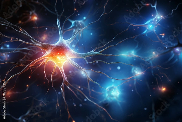 Fototapeta An abstract representation of synaptic sparks leaping between neurons, capturing the electric energy that accompanies the birth and transmission of ideas within the brain.