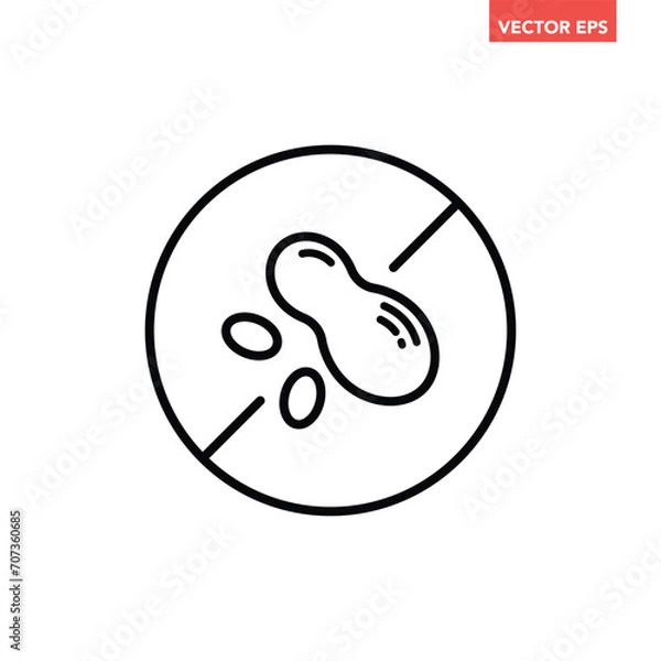 Fototapeta Single black round nuts free thin line icon, simple ingredient no contain mark flat design pictogram, infographic vector for app logo web button ui ux interface isolated on white background