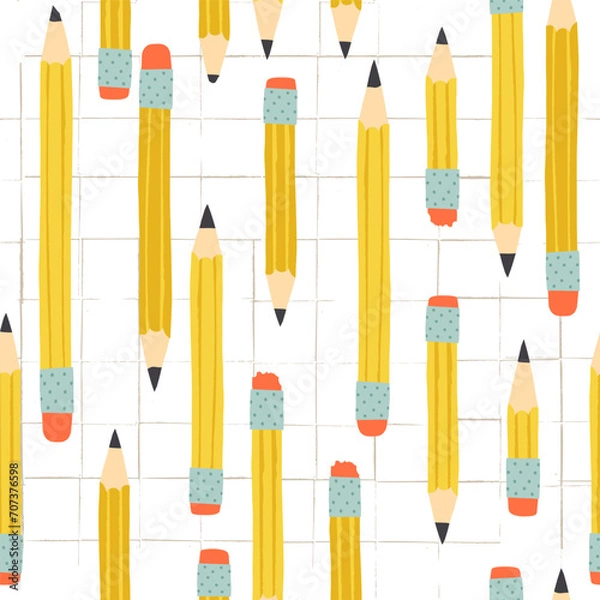 Fototapeta Cute Back to School seamless pattern. Yellow graphite pencils on graph pad squares background.