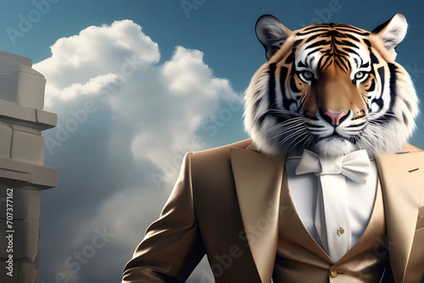 Fototapeta Commercial and editorial advertising, surrealism, where a real tiger wears a dapper high-end luxury suit and shirt generative ai