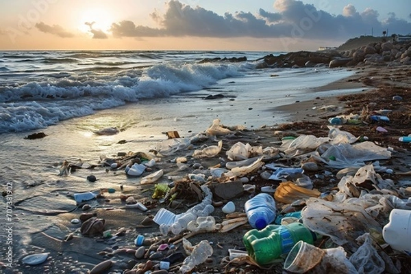 Fototapeta Plastic waste on the beach, looming threat it poses to the environment
